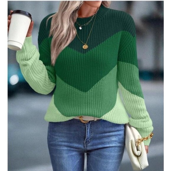 SHEIN Sweaters - Shein Womens L Chevron Colorblock Knit Pullover Sweater Round Neck Drop Shoulder